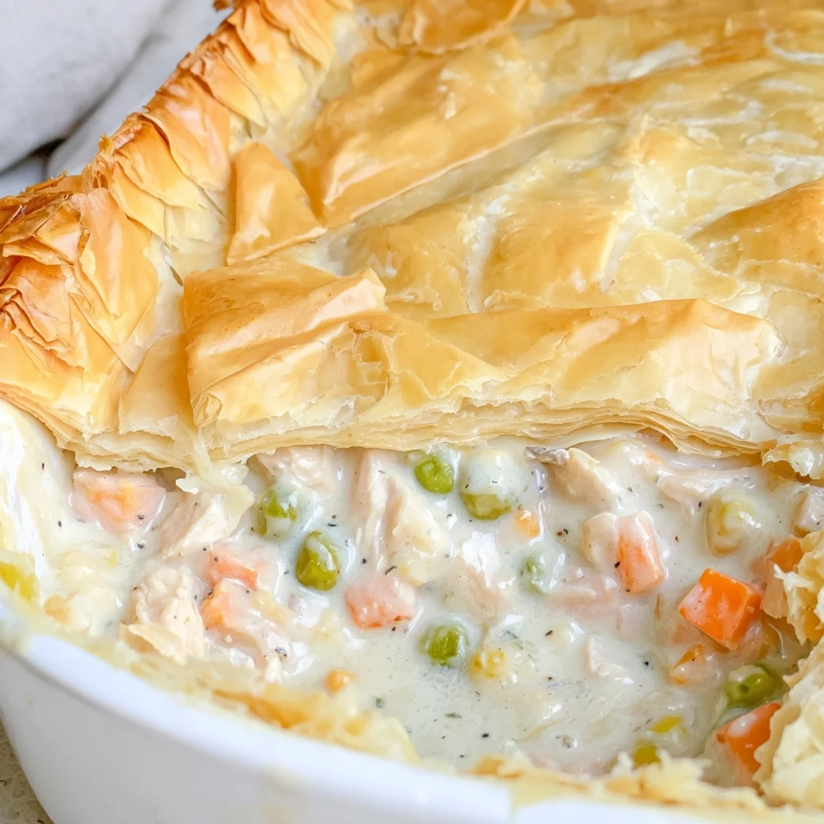 Golden, flaky puff pastry tops a rustic Turkey Pot Pie brimming with hearty vegetables.