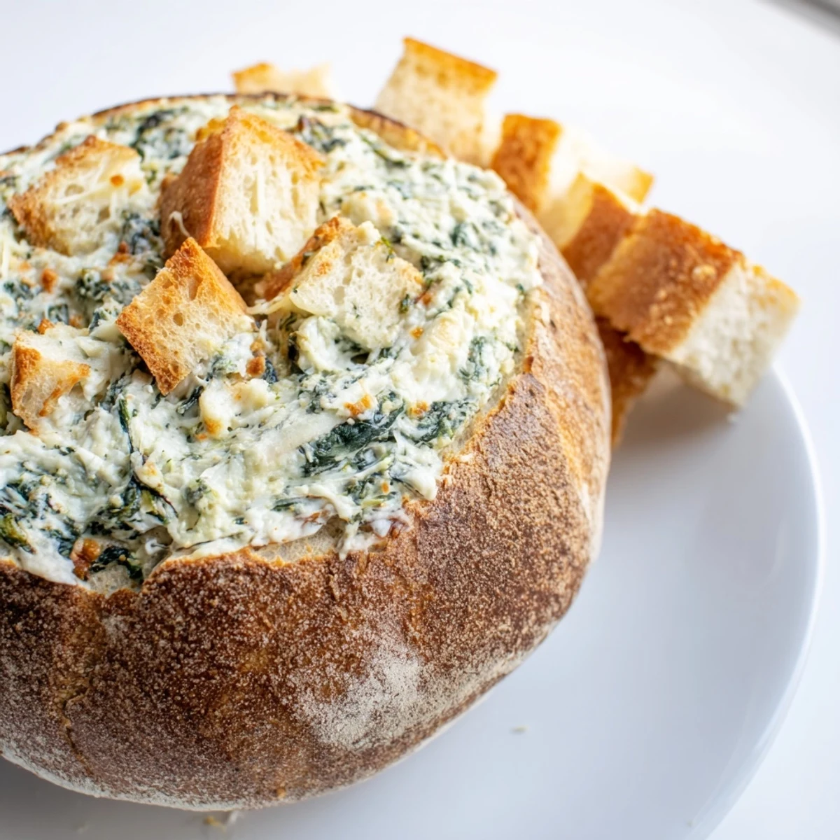 Warm, bubbling creamy spinach dip served with slices of toasted sourdough bread, perfect appetizer.