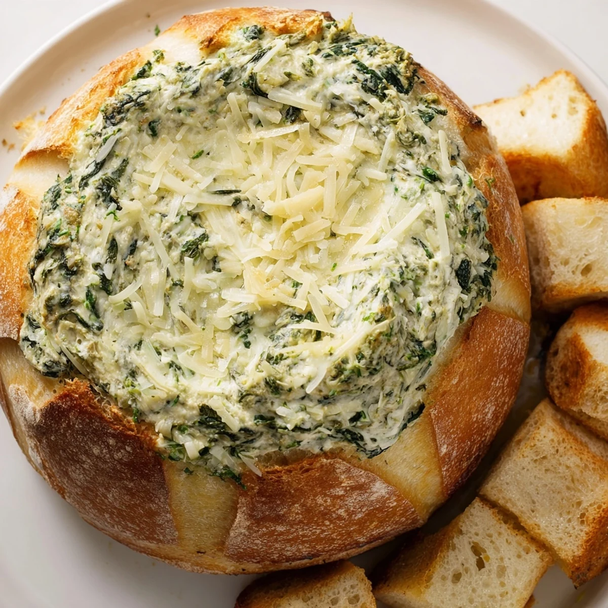 A close-up of cheesy, baked creamy spinach dip, ready to be scooped up with sourdough.