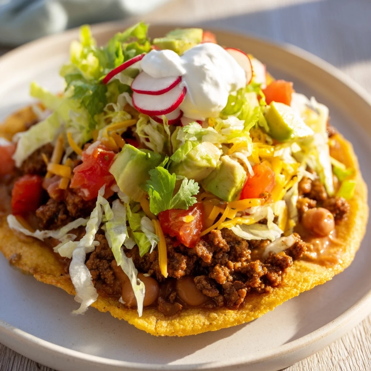 Golden-brown Beef Tostadas piled high with savory beef, fresh fixings, and a drizzle of sour cream.