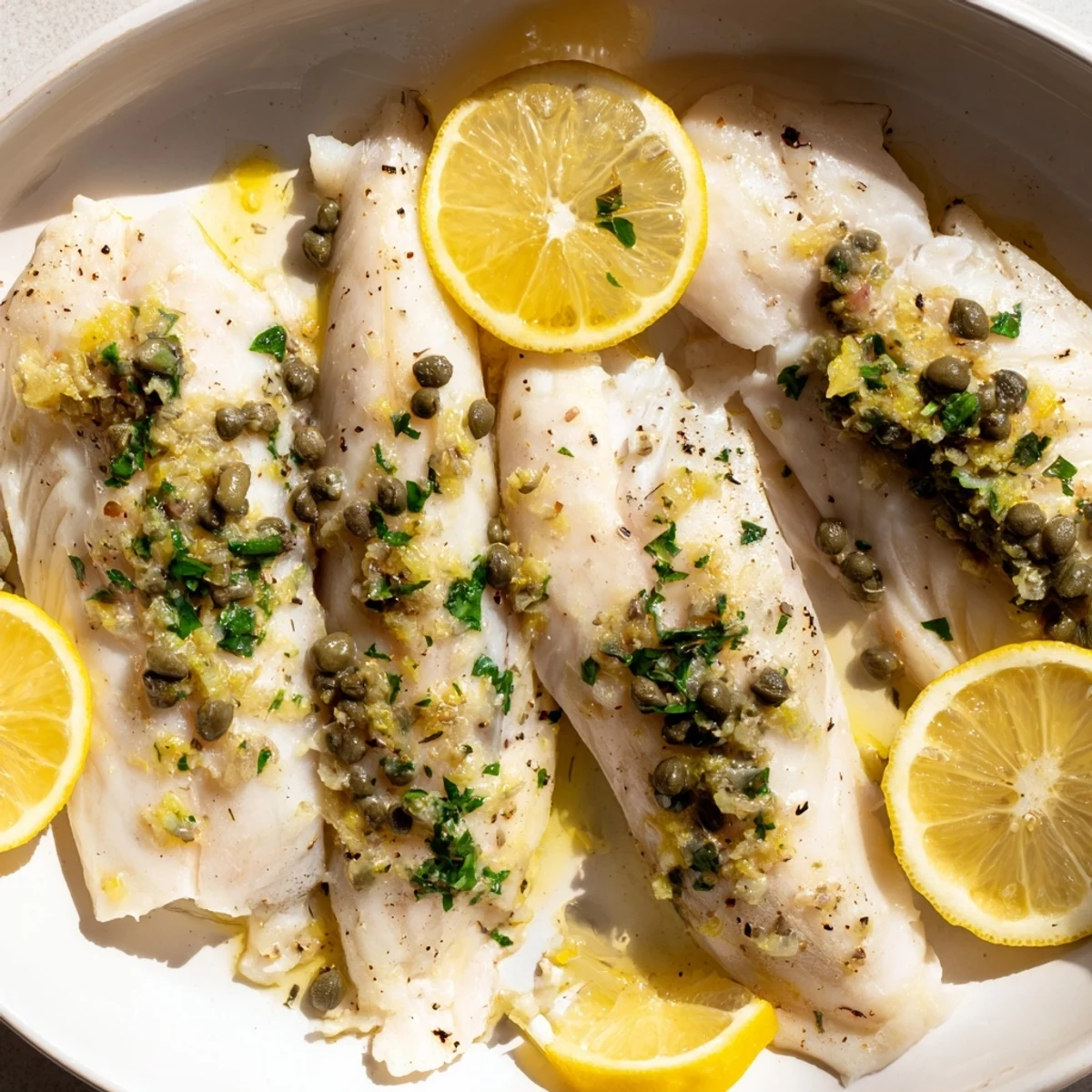 Golden baked haddock with lemon and capers, perfectly flaked and ready to be served hot.