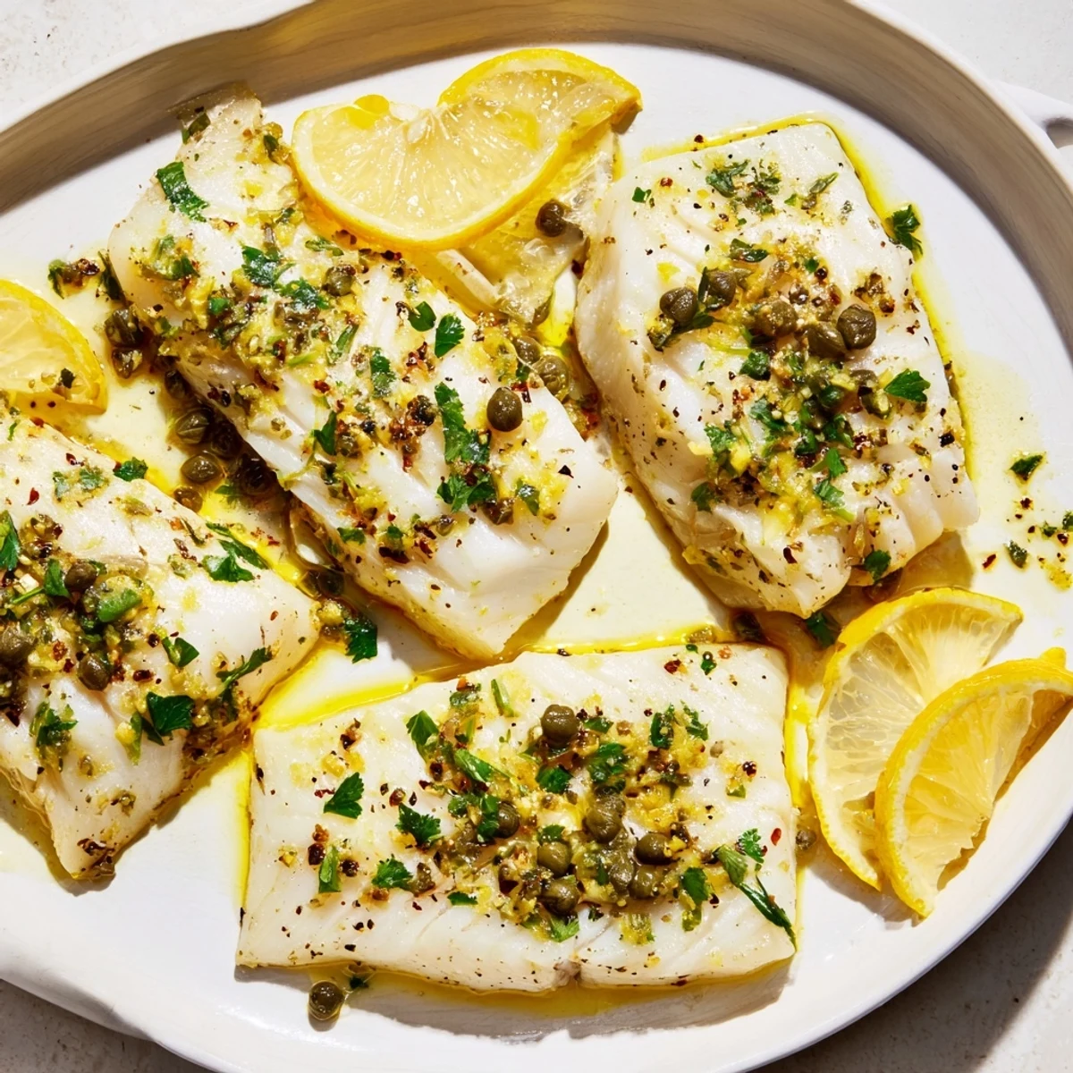 A close-up of baked haddock with lemon and capers, showcasing the bright, zesty sauce.