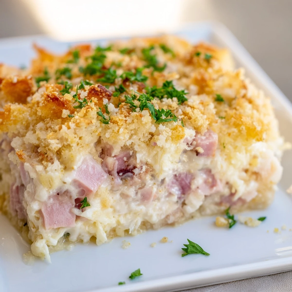 Chicken Cordon Bleu Casserole bubbling with golden breadcrumbs, a comforting family-friendly casserole.