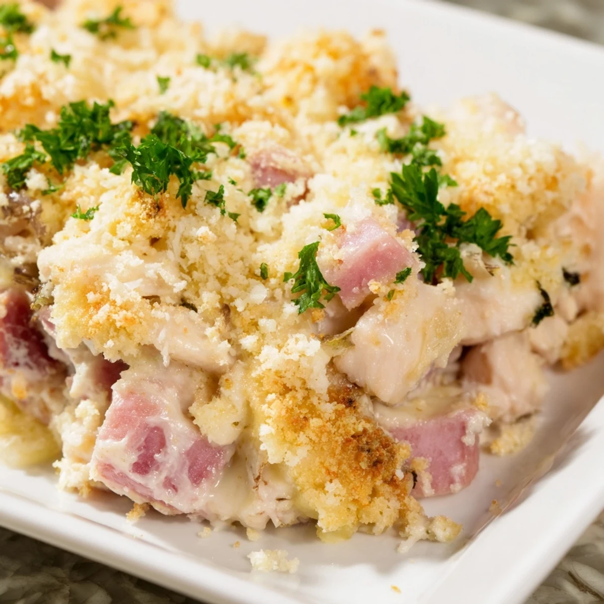 This Chicken Cordon Bleu Casserole features tender chicken, ham, and a creamy, cheesy sauce, baked to perfection.