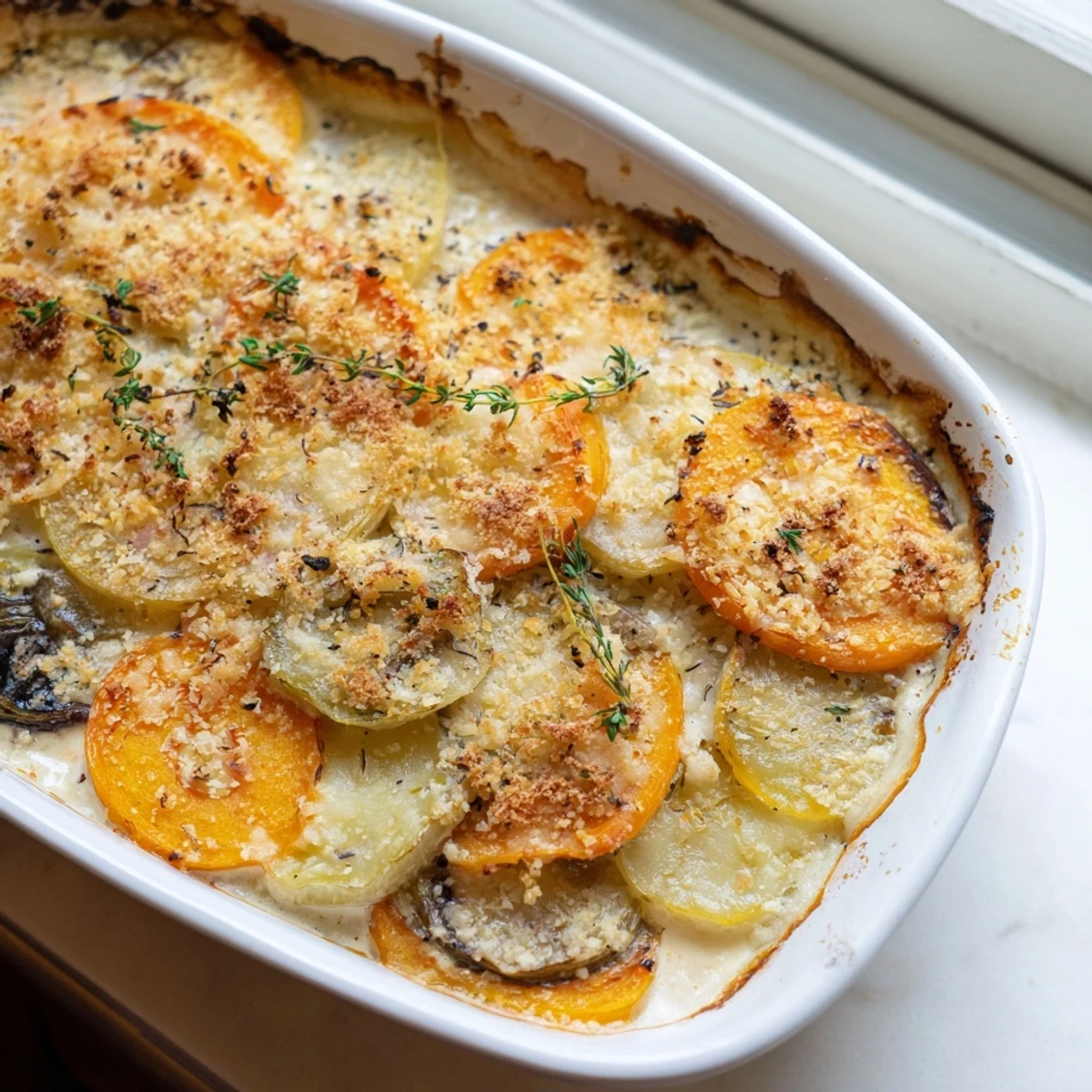A warm, delicious Winter Vegetable Gratin with Gruyere, perfect as a cozy vegetarian meal.