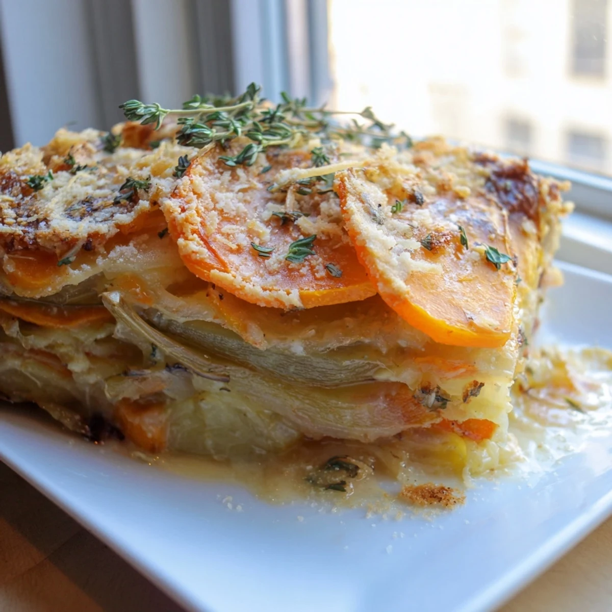 Golden, bubbly Winter Vegetable Gratin with Gruyere, creamy sauce and a crispy breadcrumb topping.