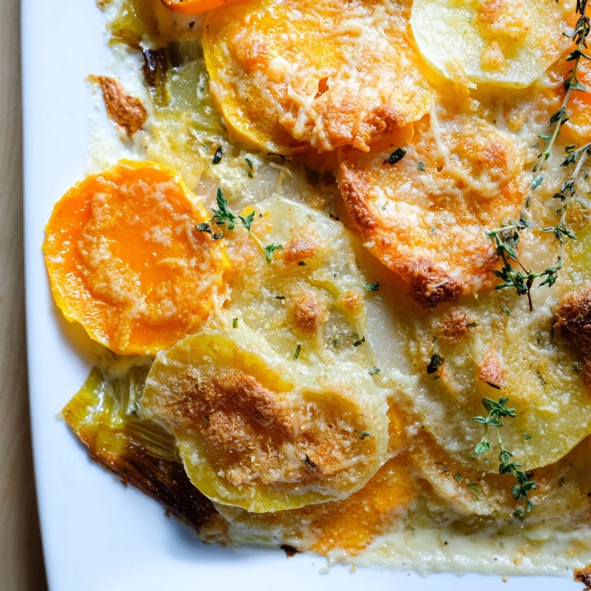Visualize this: layered Winter Vegetable Gratin with Gruyere, baked until golden brown and delicious.