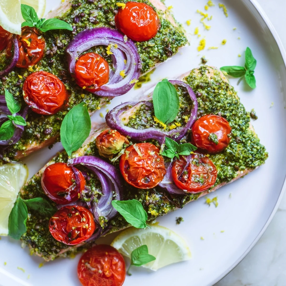 Baked salmon with pesto and cherry tomatoes, a bright, flaky main dish ready to enjoy.