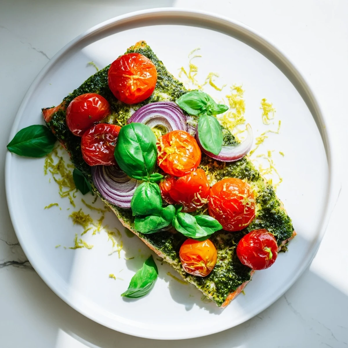Mediterranean-inspired baked salmon with pesto, garnished and ready to be served hot.
