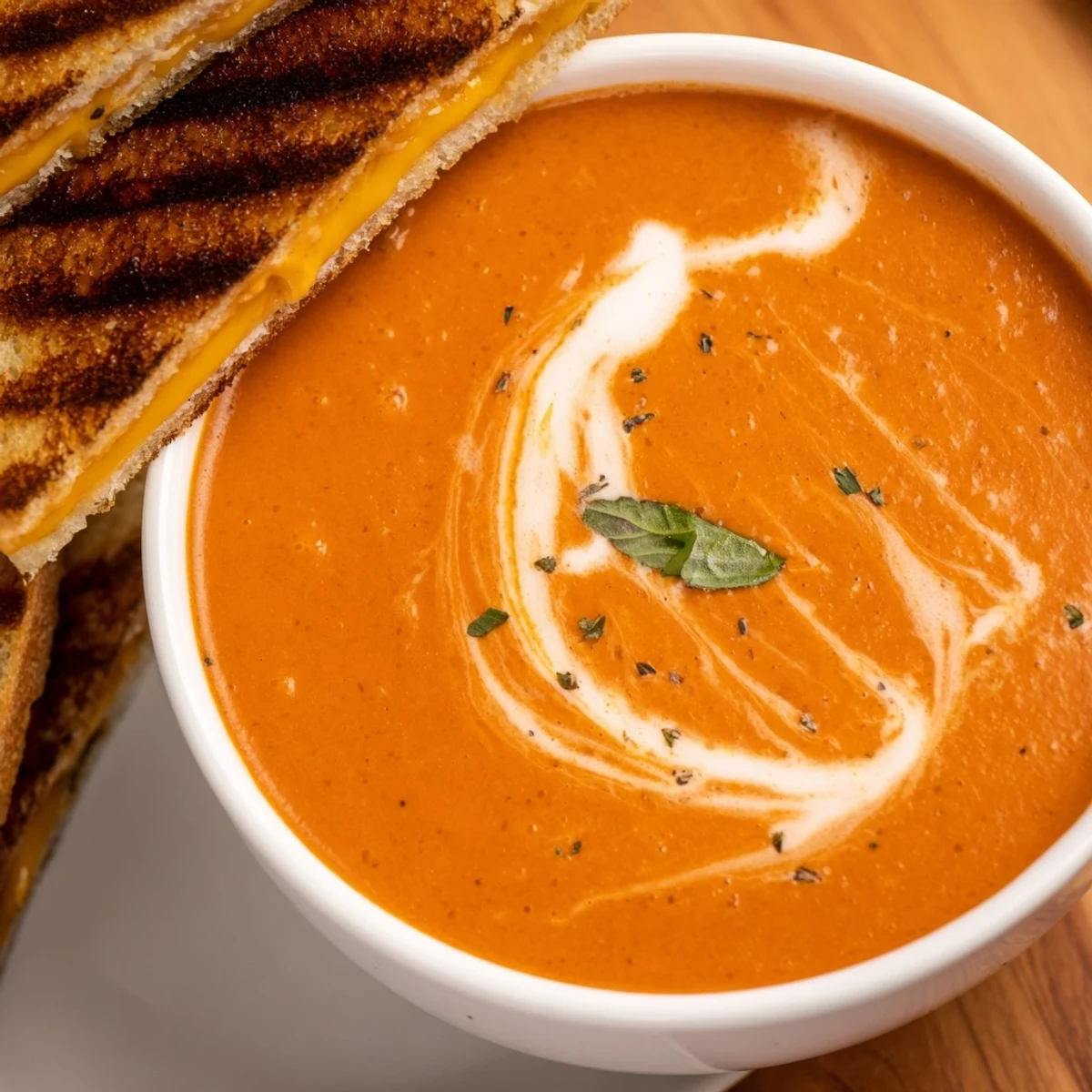 Rich, smooth creamy tomato soup with a vibrant red hue, ideal with crispy grilled cheese.