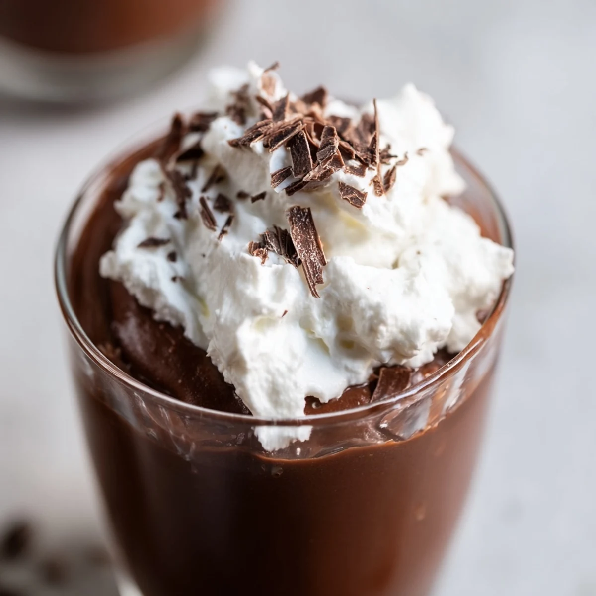 Decadent chocolate mousse topped with fluffy homemade whipped cream, served in an elegant glass.