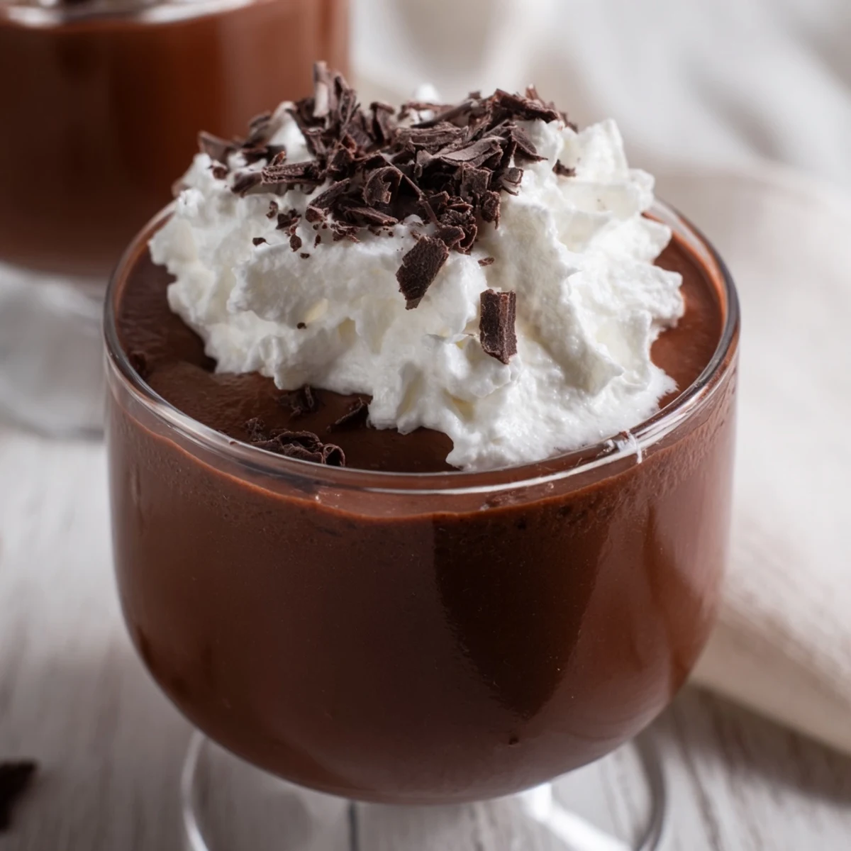 Silky dark chocolate mousse in a serving glass, garnished with fresh whipped cream and chocolate shavings.