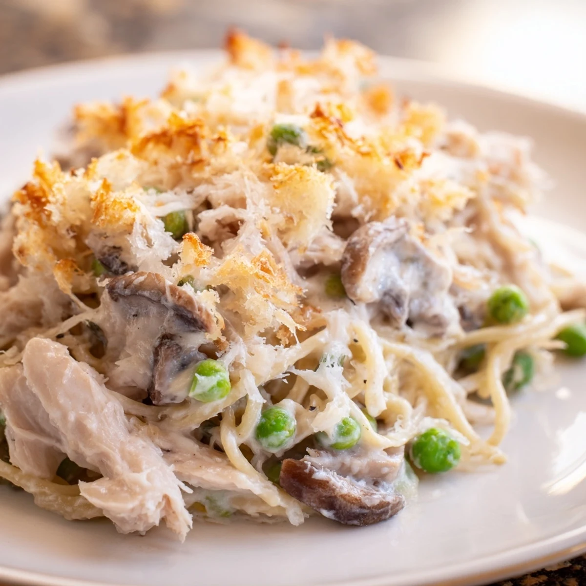 Hearty Turkey Tetrazzini casserole in a white dish, garnished with parsley for a cozy family meal.