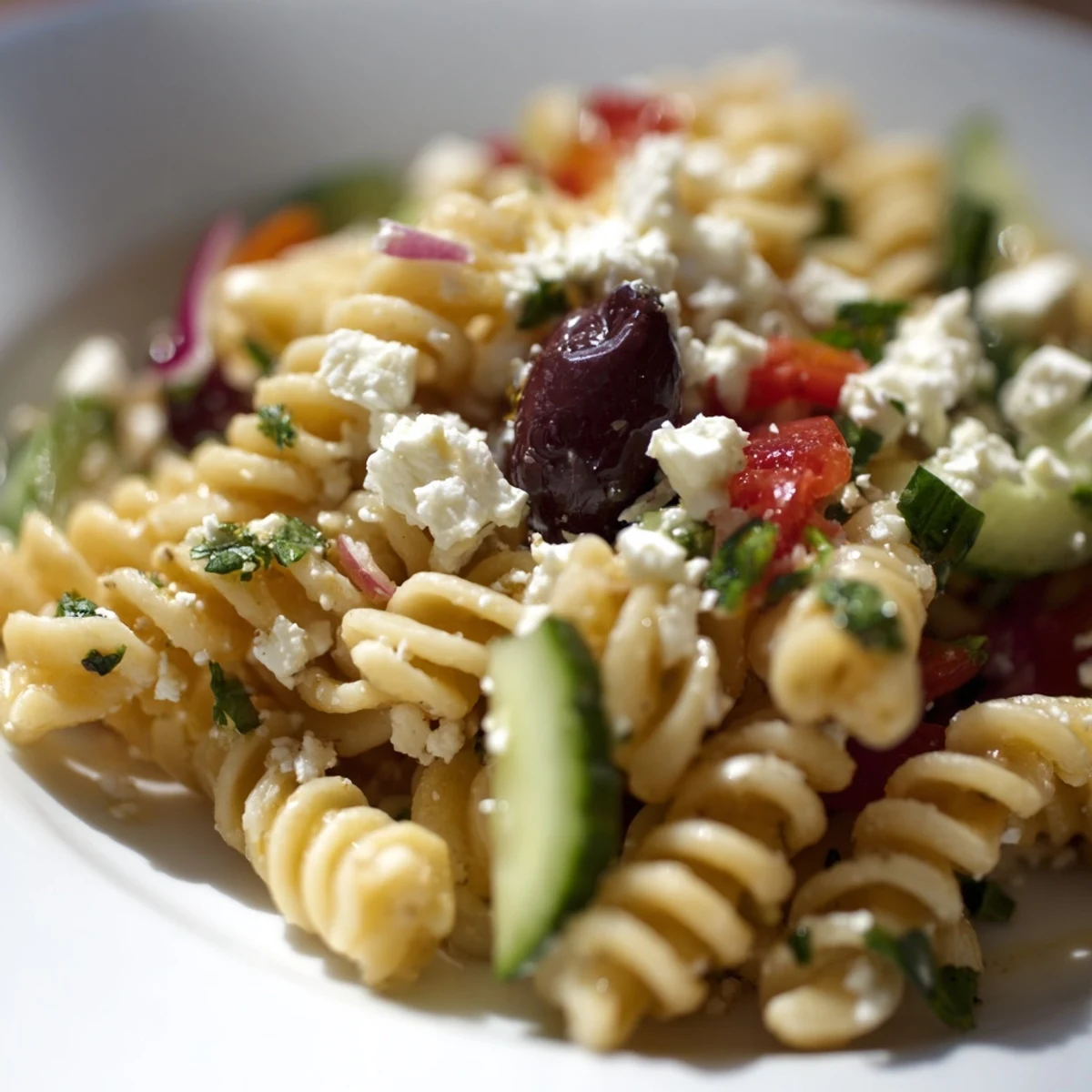 A vibrant bowl of Mediterranean Pasta Salad with Kalamata Olives, tossed with red bell pepper, cucumber, and creamy crumbled feta cheese.