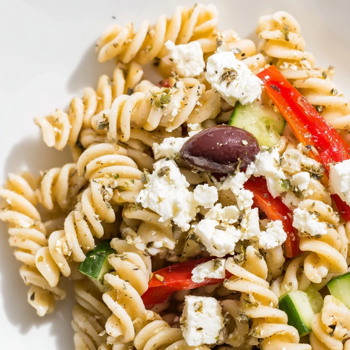 Chilled Mediterranean Pasta Salad with Kalamata Olives served in a glass bowl, ready for a summer potluck, studded with colorful fresh vegetables and herbs.