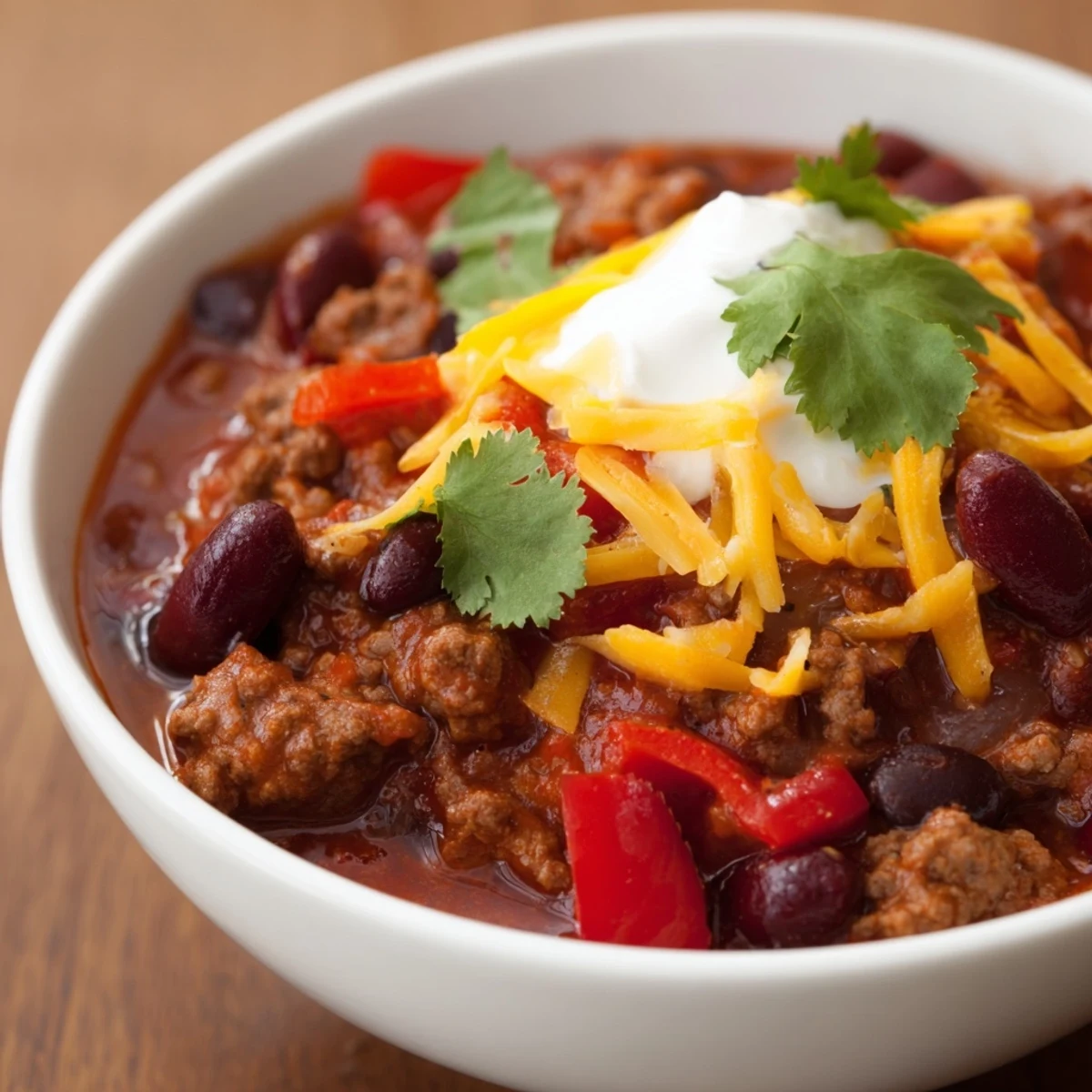 Steaming Slow Cooker Chili with Ground Beef and Beans ladled into a bowl, topped with shredded cheddar and sour cream.