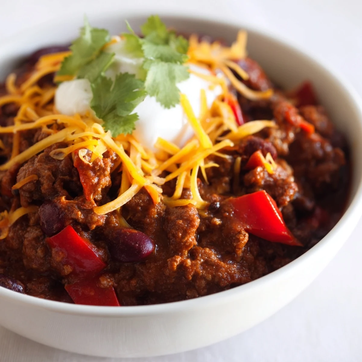 Thick and hearty Slow Cooker Chili with Ground Beef and Beans served in a rustic mug with cilantro garnish.