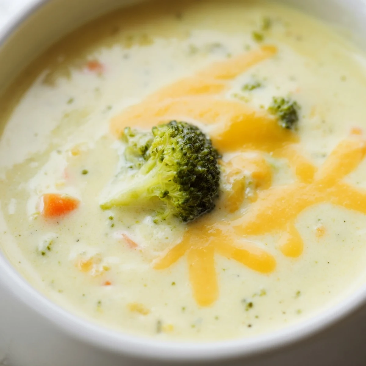 Creamy Broccoli Cheddar Soup with Crusty Bread ladled into a white bowl, topped with extra sharp cheddar and black pepper.