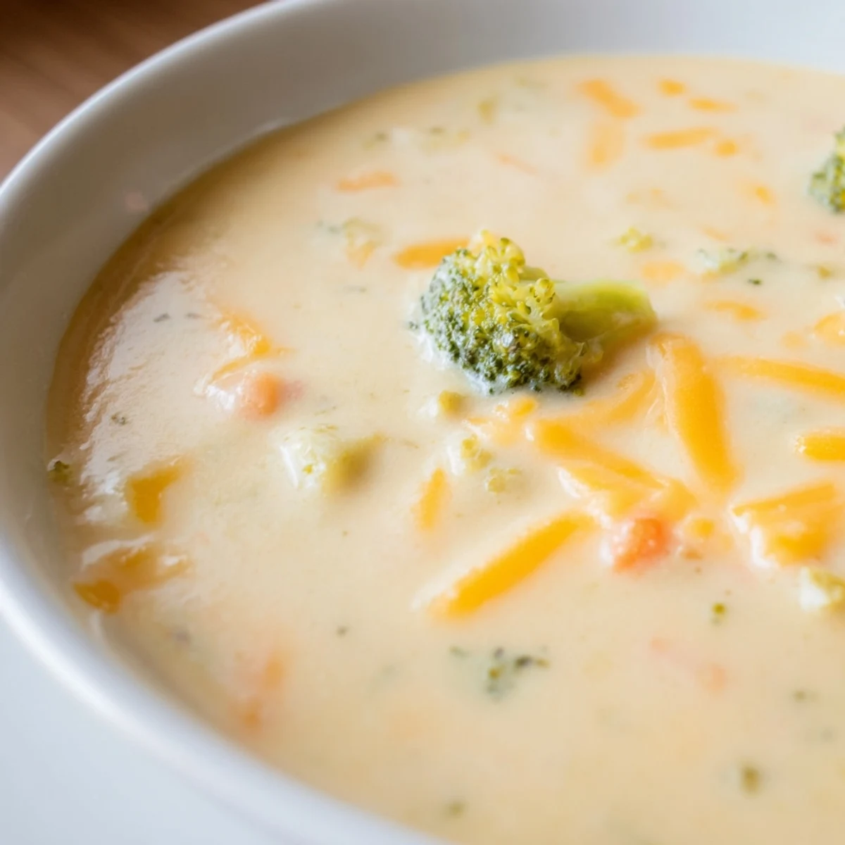 A steaming pot of Creamy Broccoli Cheddar Soup with Crusty Bread sits beside fresh broccoli florets on a rustic table.