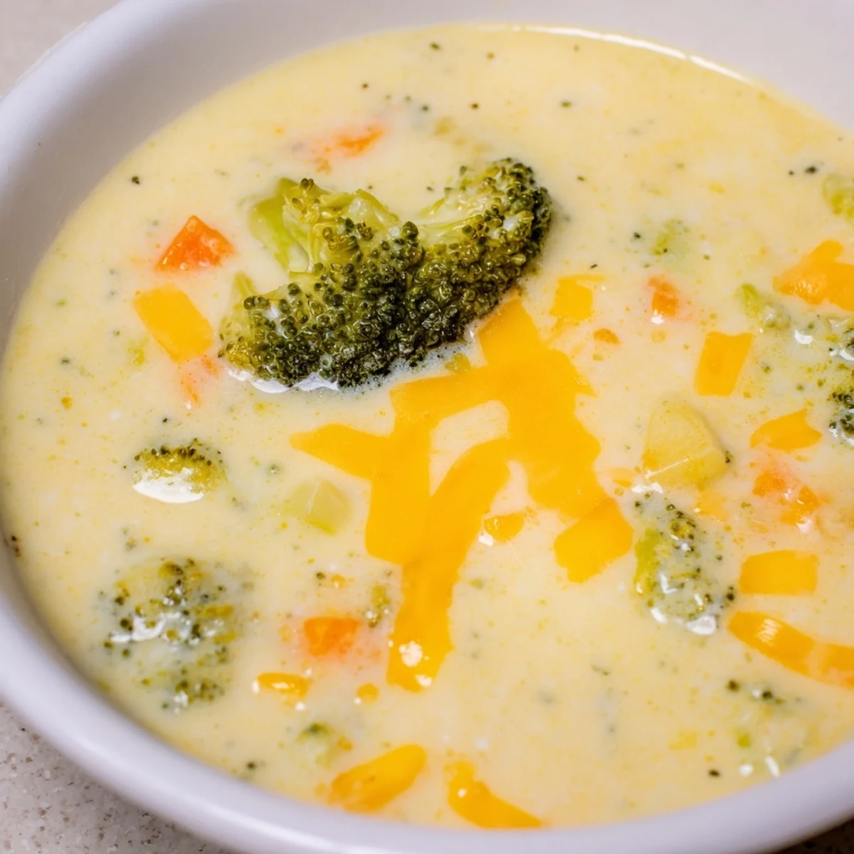 Golden, crusty bread slices are dipped into a bowl of creamy broccoli cheddar soup, served on a cozy kitchen counter.