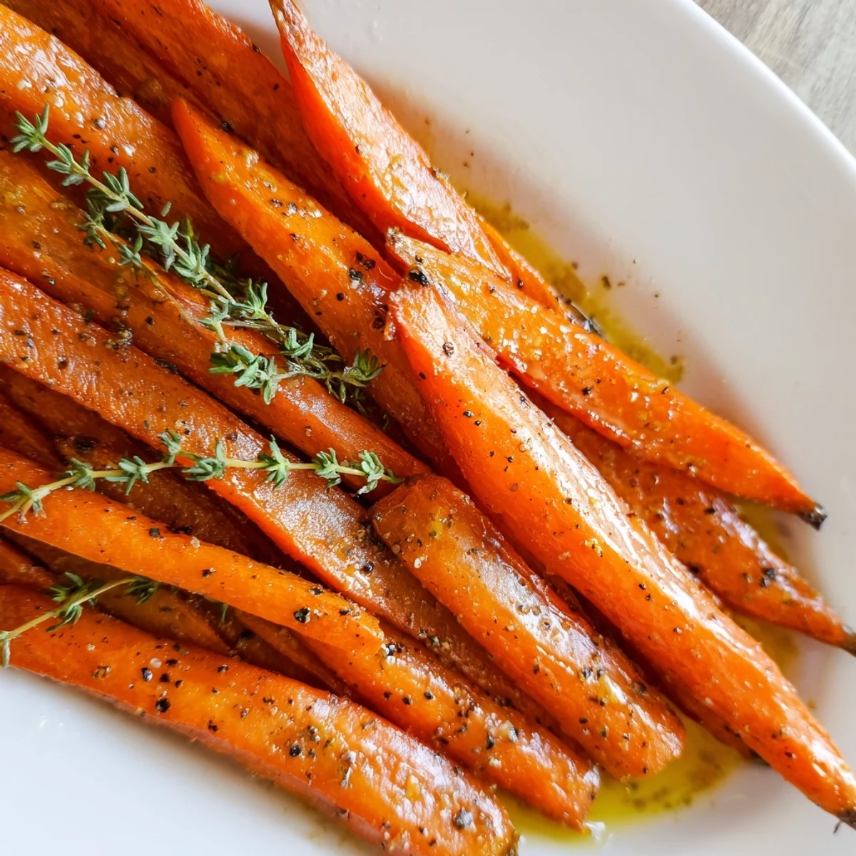 Fresh thyme sprigs garnish this roasted carrots with honey and fresh thyme side dish, served warm alongside a main course.