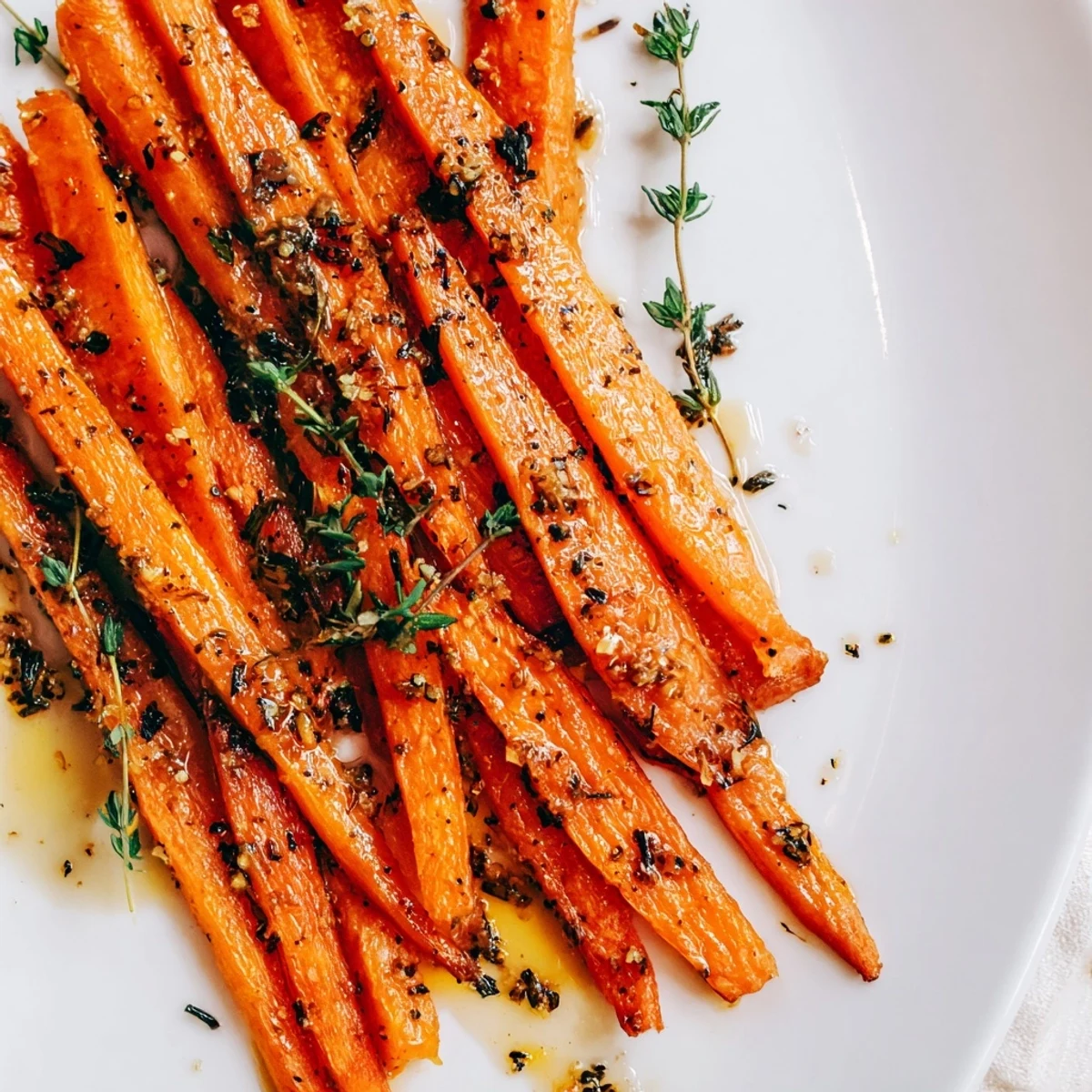 Glistening roasted carrots with honey and fresh thyme, tender and caramelized on a parchment-lined baking sheet.