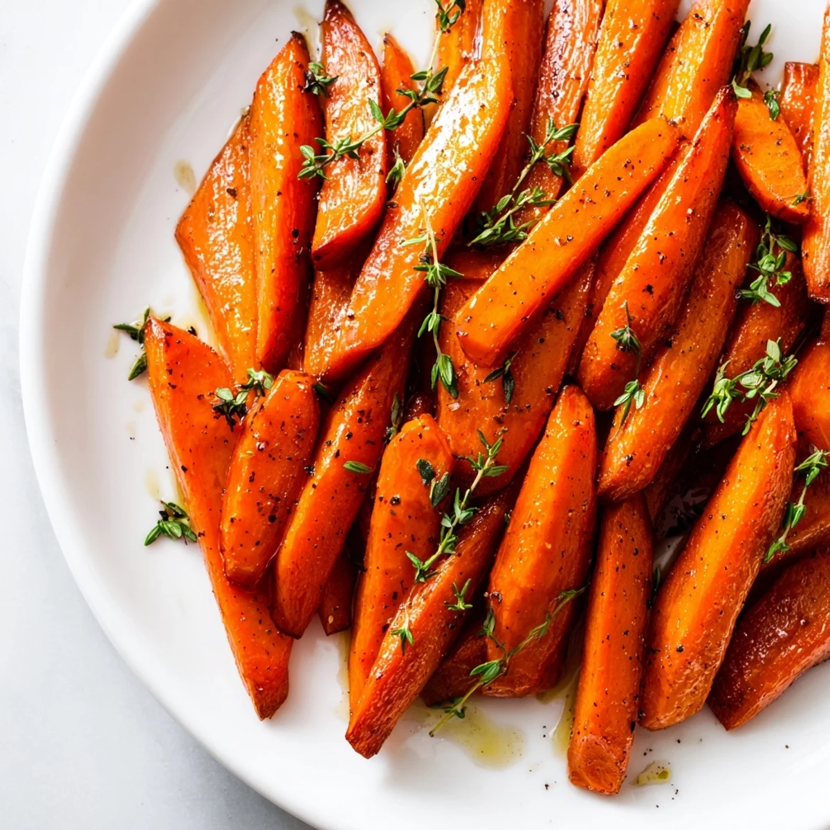 Honey glazed carrots with fresh thyme, oven roasted until tender with golden edges, ready to serve from a white platter.