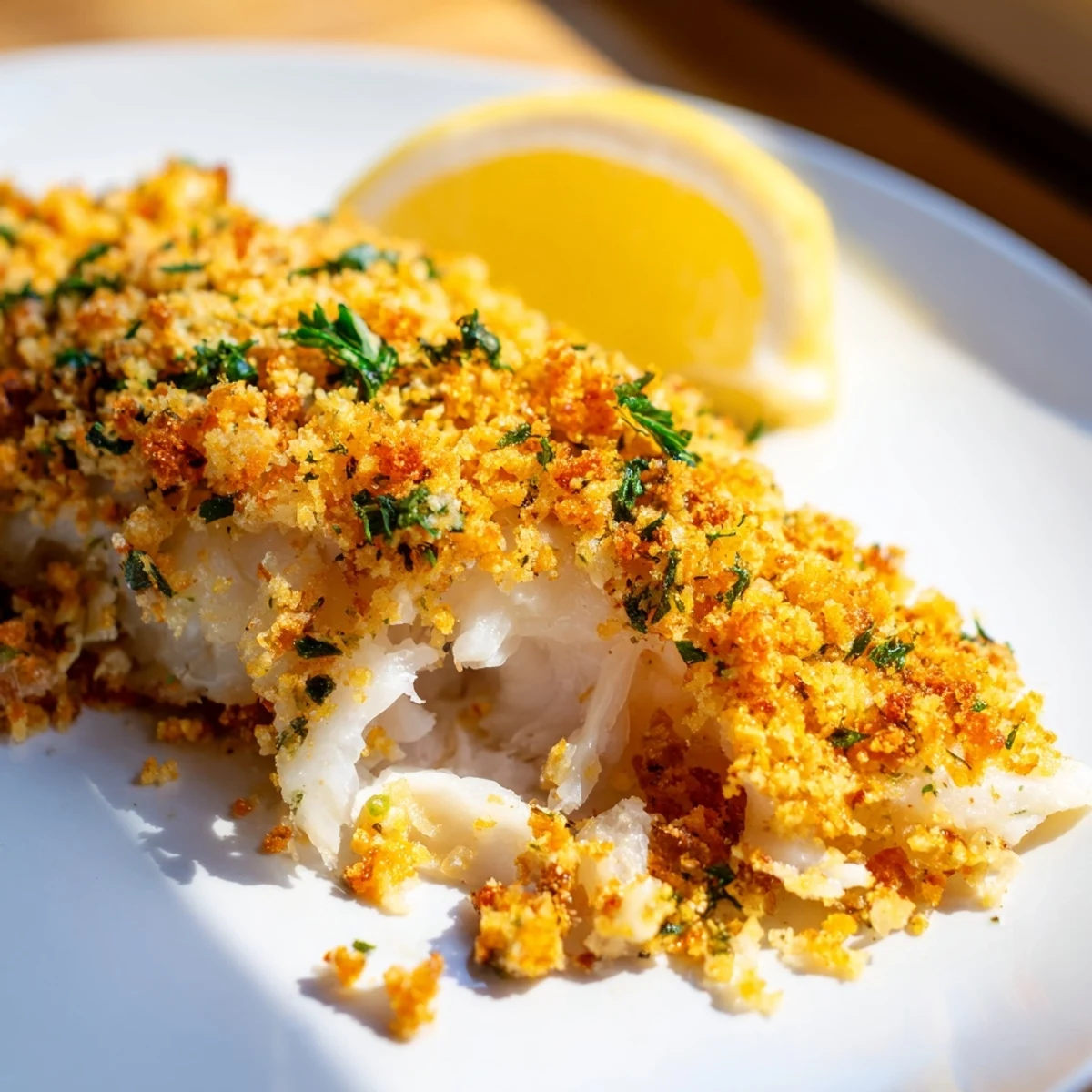 Flaky baked cod fillets topped with golden, buttery cracker crumbs, served hot with fresh lemon wedges.
