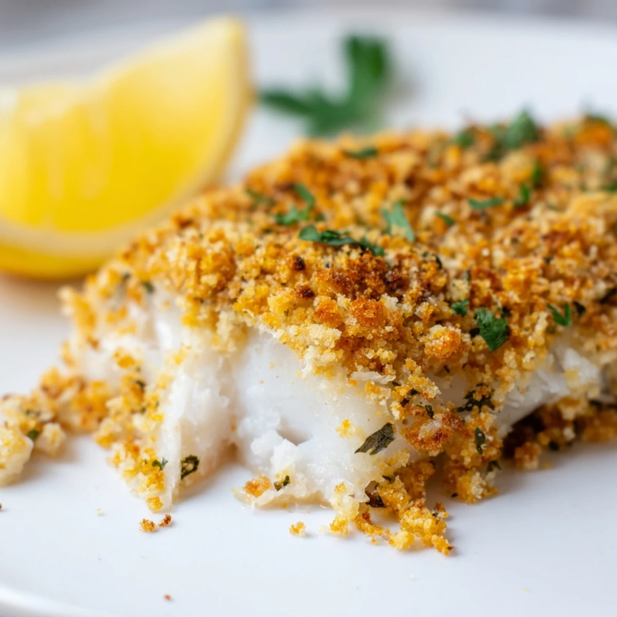 Tender baked cod featuring a crisp, savory cracker crumb topping, ready to serve with lemon wedges.