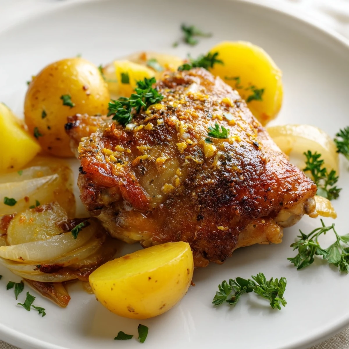 Lemon Garlic Roasted Chicken Thighs with Potatoes sizzling in a cast-iron skillet, showing crispy golden-brown skin.