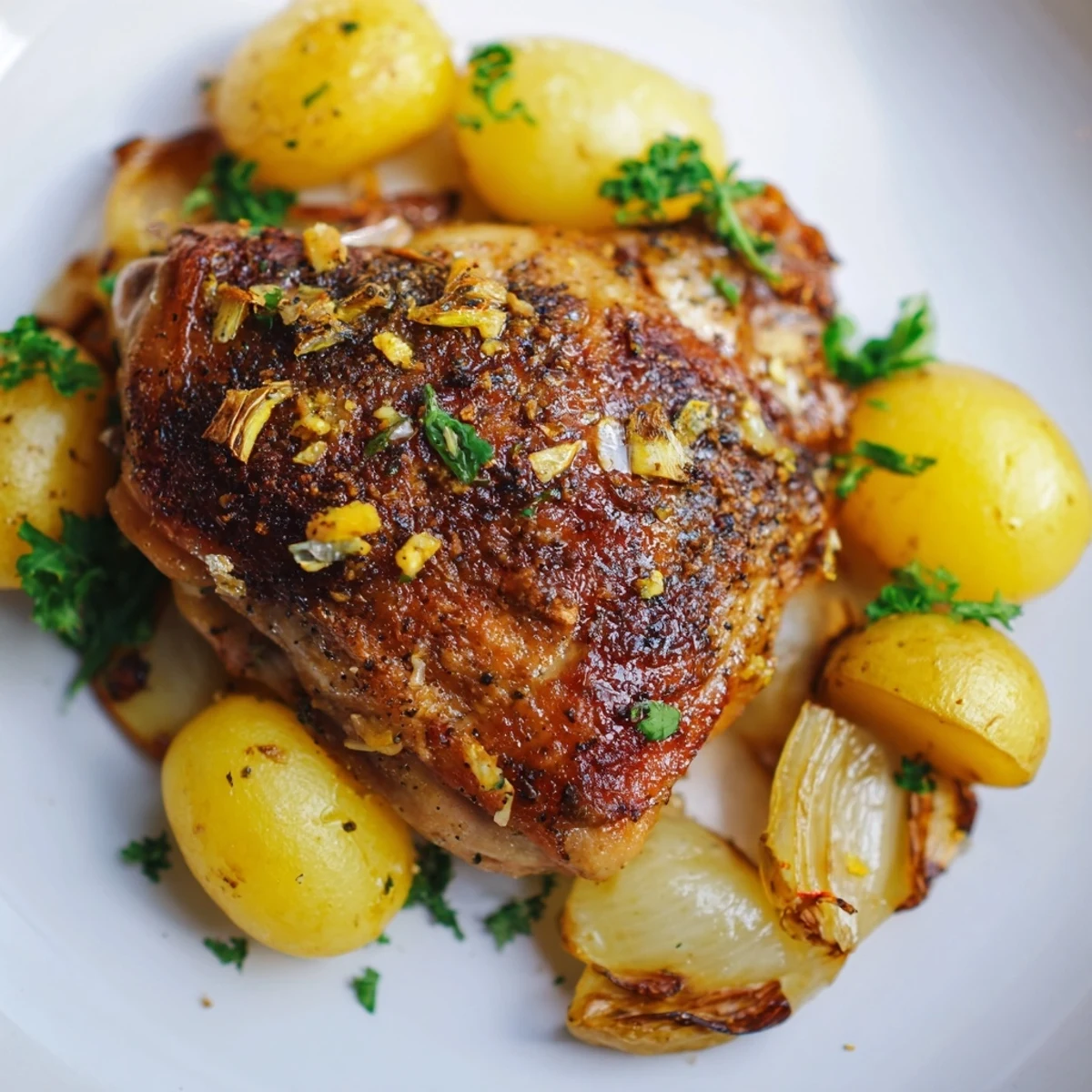 Golden Lemon Garlic Roasted Chicken Thighs with Potatoes served family-style in a roasting pan, perfect for dinner.