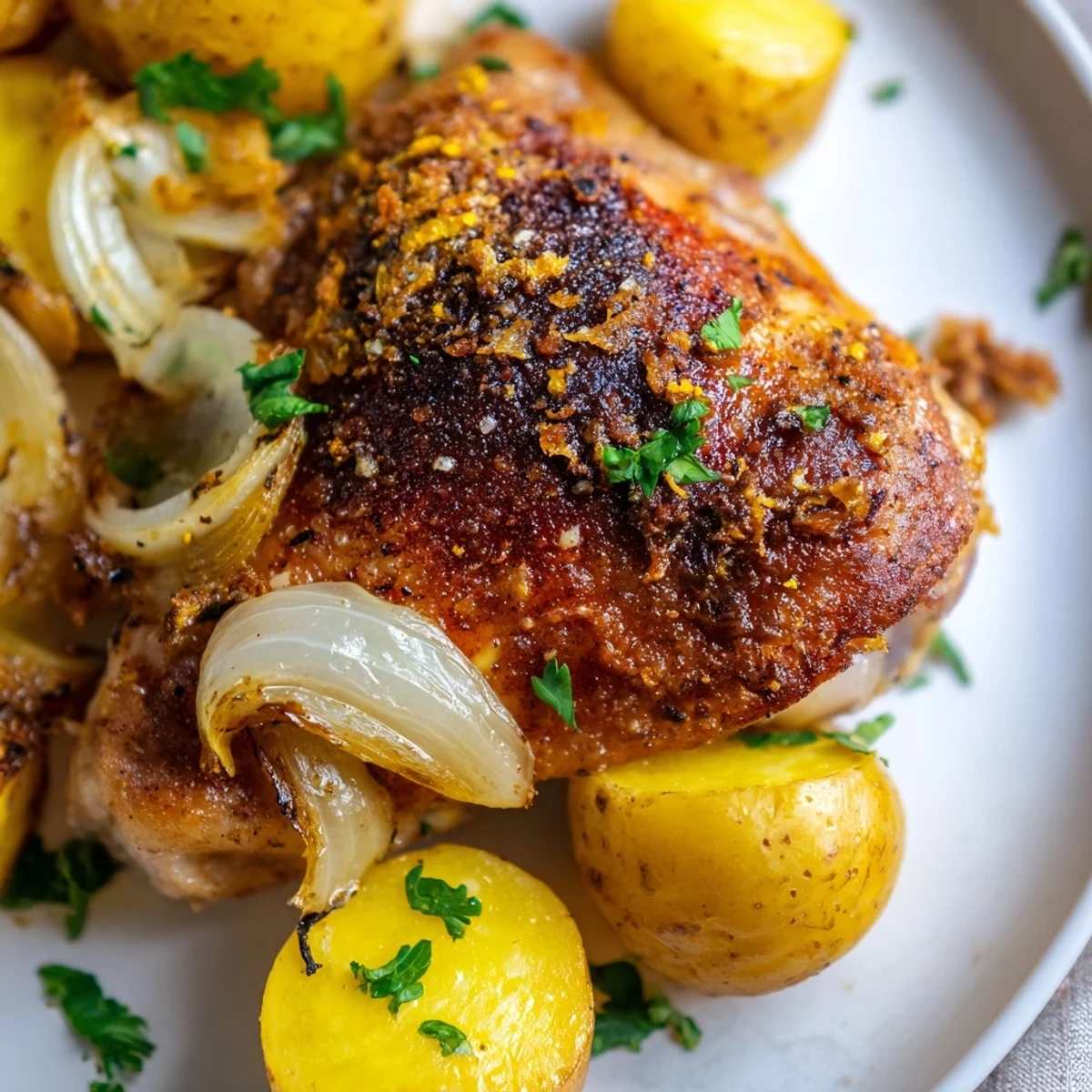A close-up view of Lemon Garlic Roasted Chicken Thighs with Potatoes plated with fresh parsley and lemon wedges.