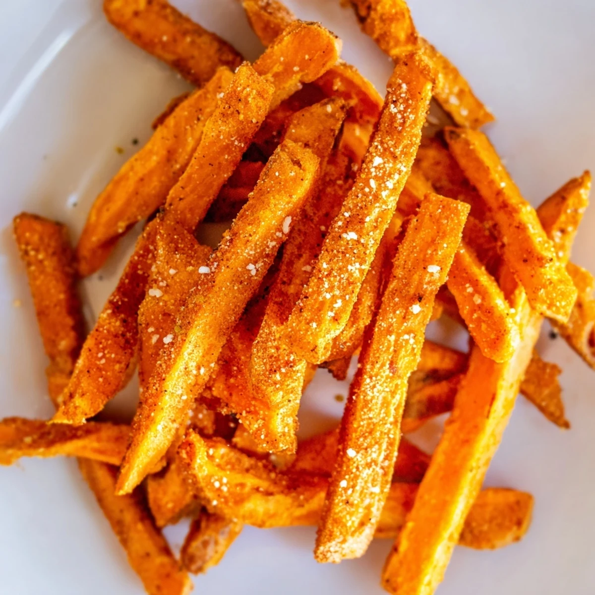 Close-up photo of golden brown Crispy Air Fryer Sweet Potato Fries served in a rustic basket.