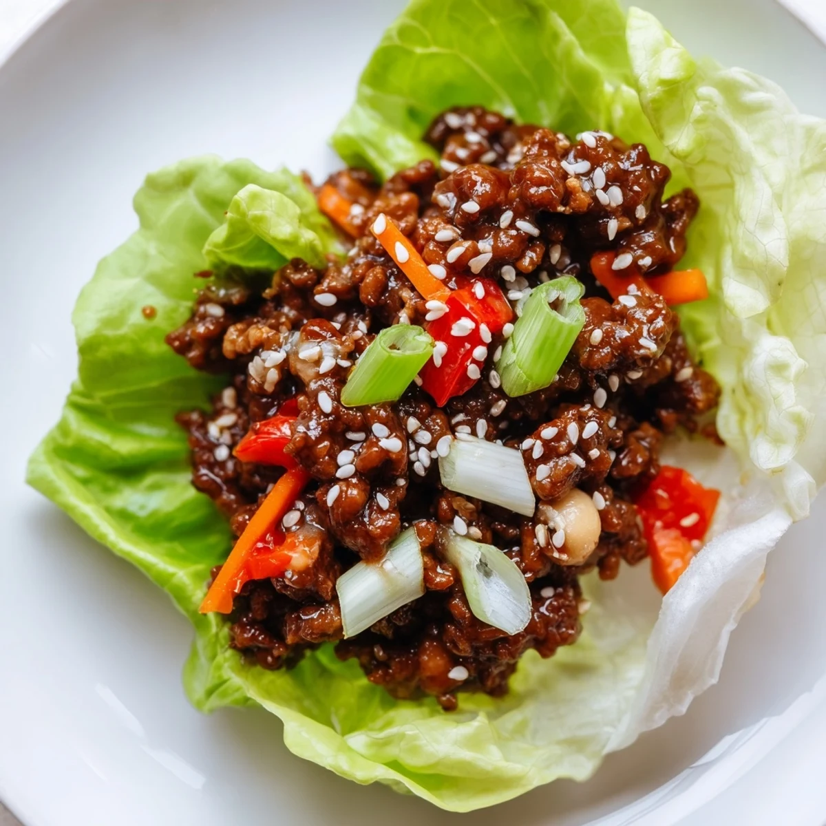 Hearty Beef Lettuce Wraps with Hoisin Sauce and Ginger ready to serve, garnished with scallions and sesame seeds for extra crunch.