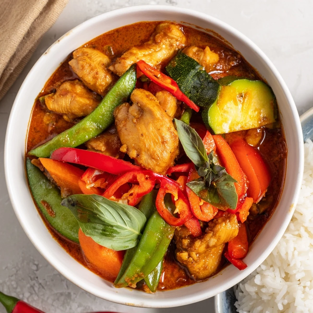 A vibrant serving of Spicy Thai Red Curry with Chicken and Veg sits beside fluffy jasmine rice and fresh lime wedges. 