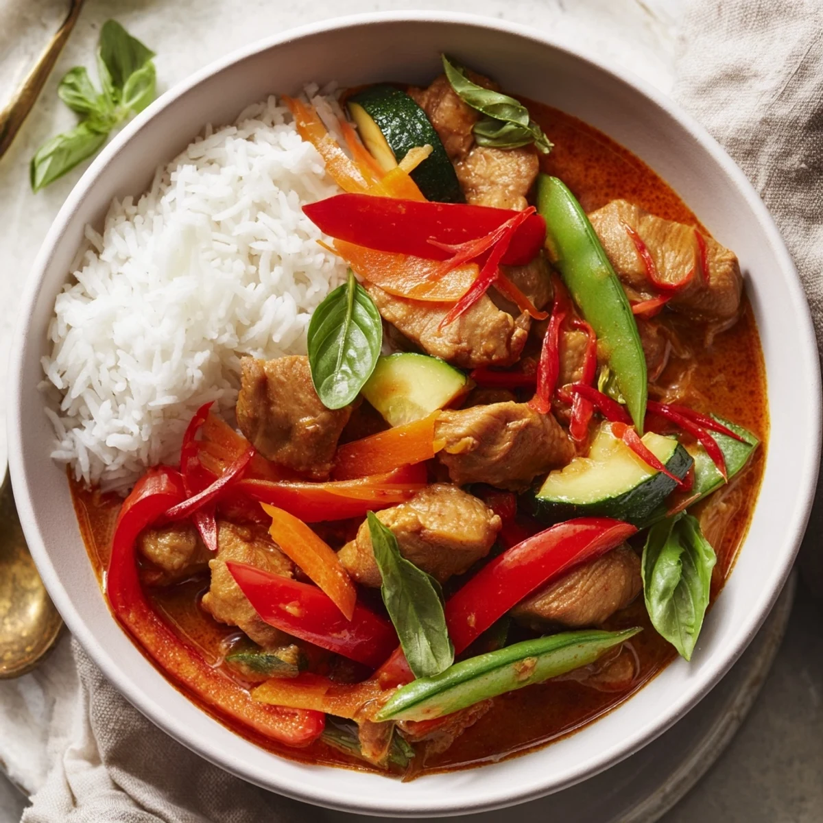 Freshly cooked Spicy Thai Red Curry with Chicken and Veg steams in a skillet, garnished with cilantro and lime wedges. 