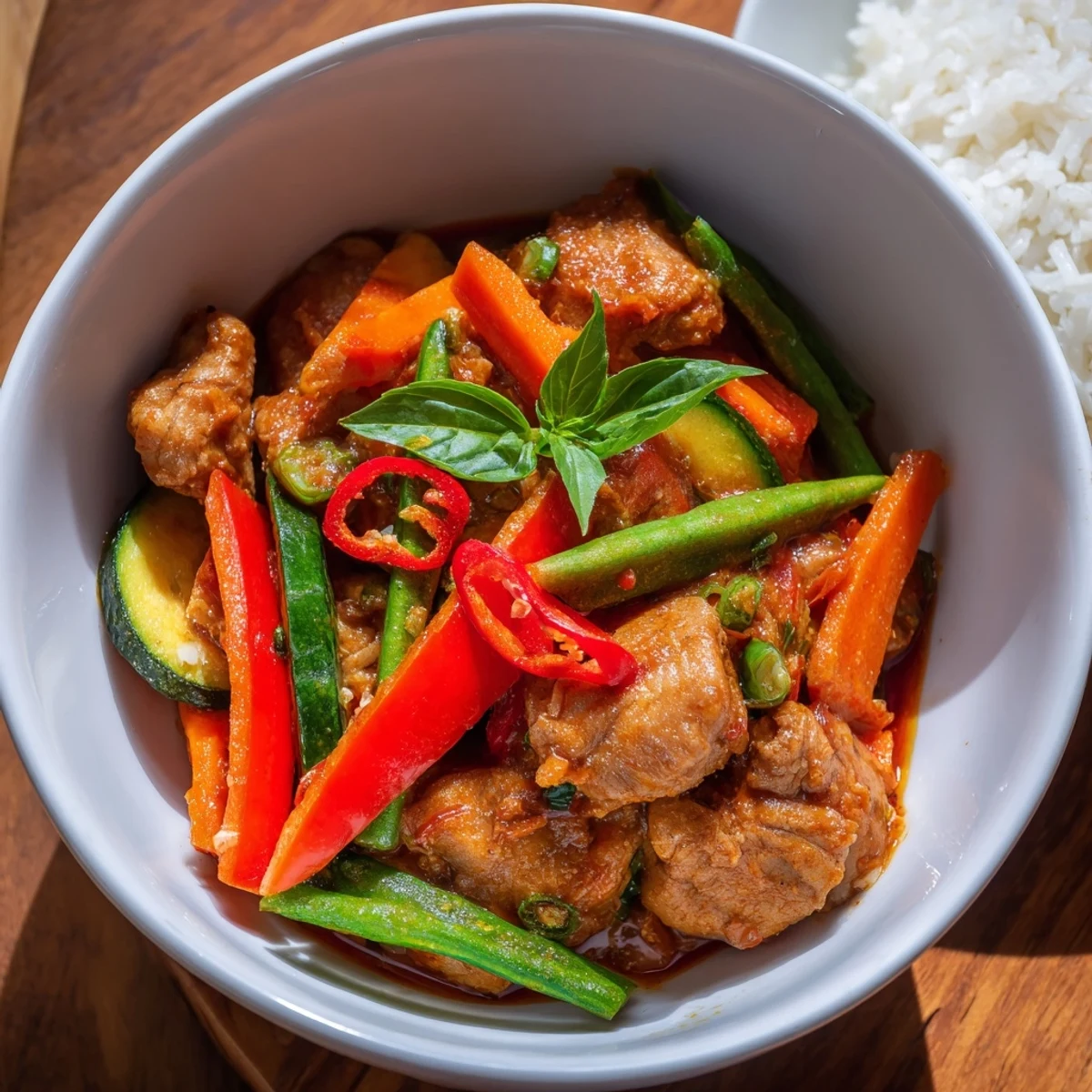 Colorful Spicy Thai Red Curry with Chicken and Veg simmers in a wok, featuring tender chicken and crisp vegetables.
