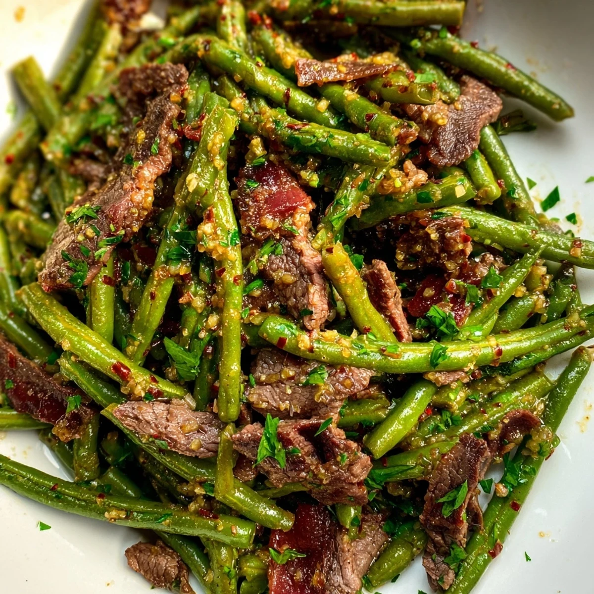 Fresh parsley garnishes a heaping platter of Lemon Garlic Green Beans with Bacon Beef, featuring tender beef strips alongside vibrant green beans.
