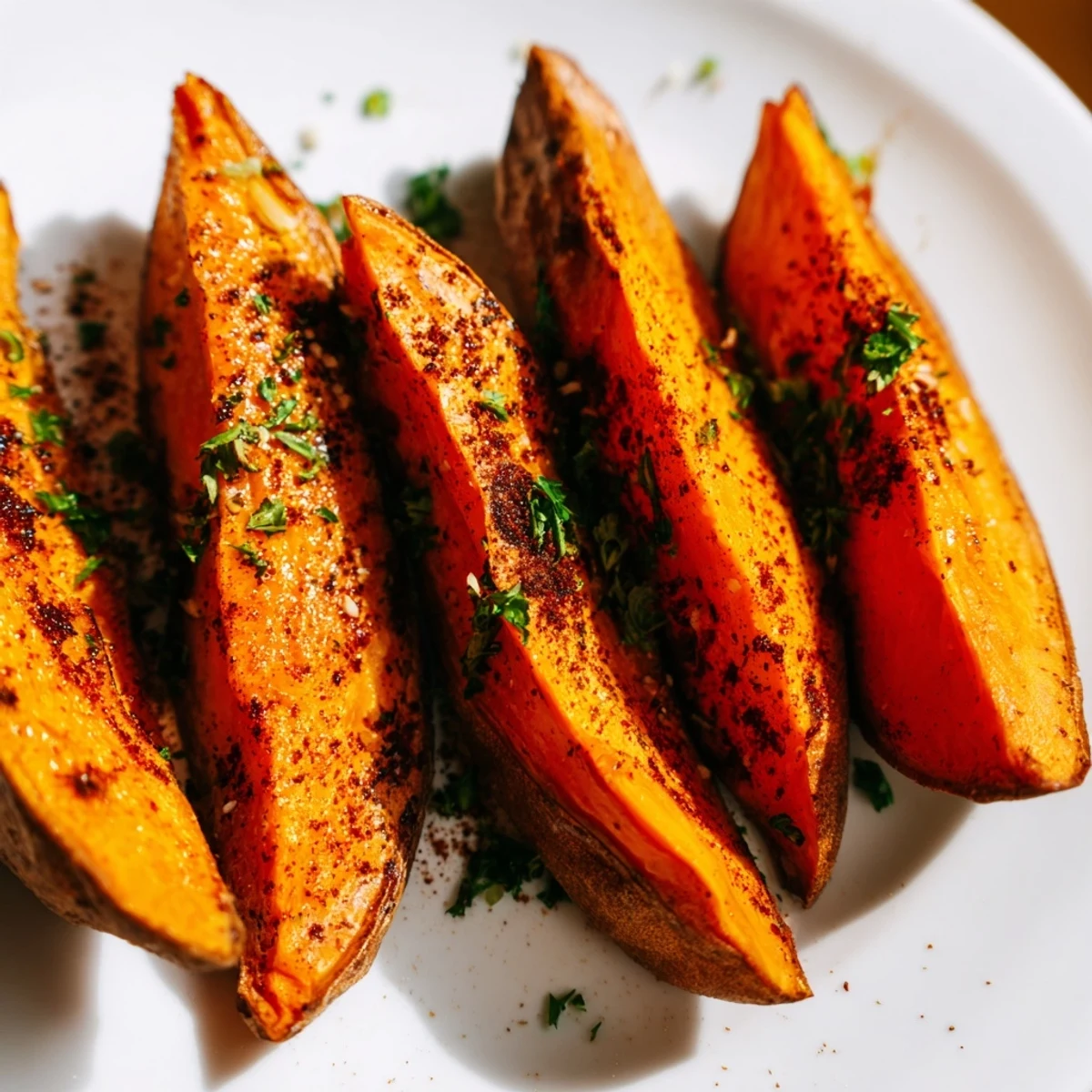 Freshly baked Baked Sweet Potato Wedges with Paprika garnished with parsley, perfect for dipping into spicy mayo.