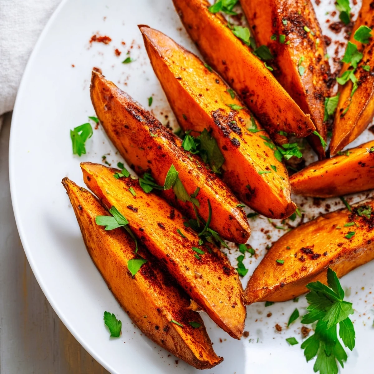 Golden Baked Sweet Potato Wedges with Paprika fresh from the oven, crispy on the edges and served with lemon wedges.