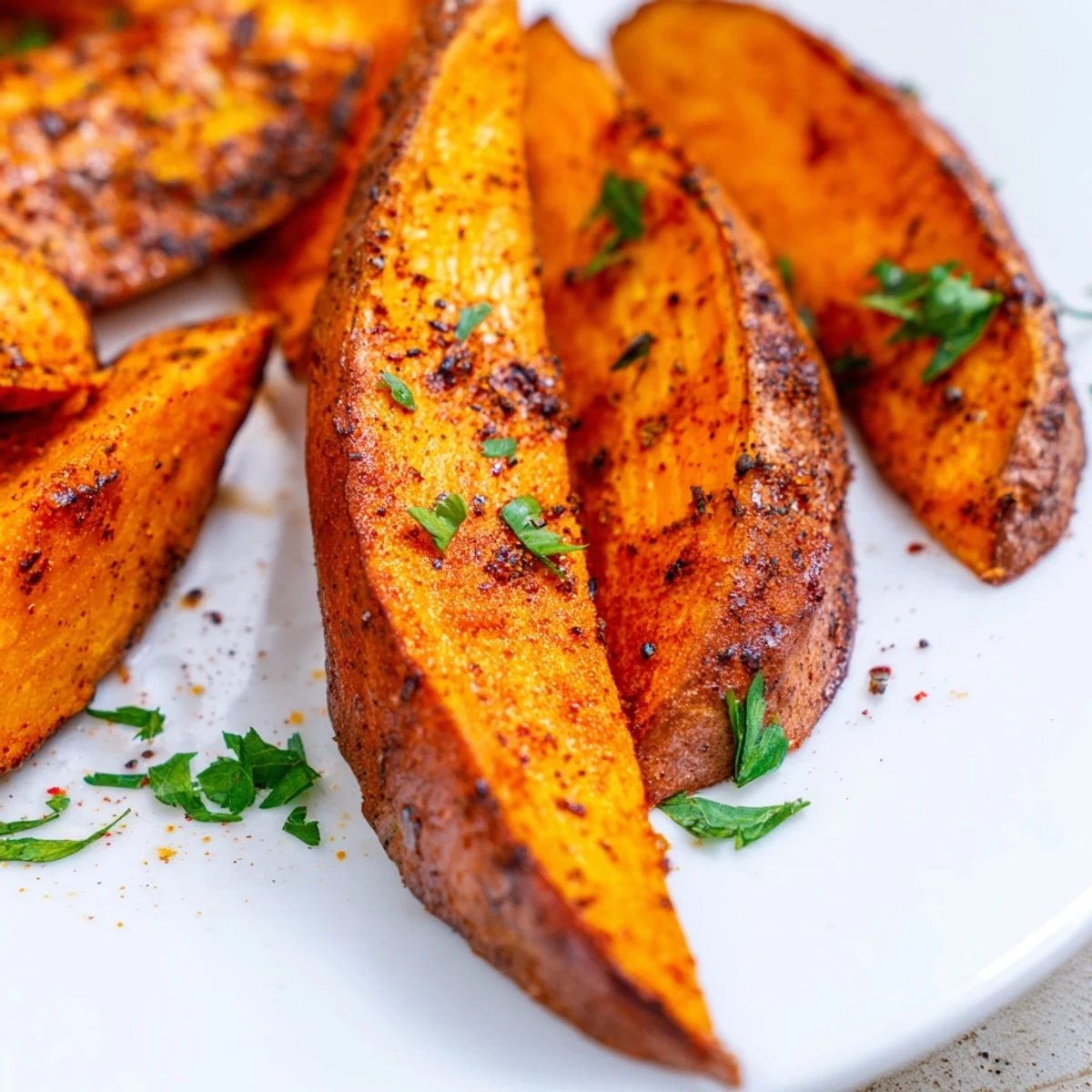 Platter of Baked Sweet Potato Wedges with Paprika, seasoned with smoky paprika and served as a healthy vegetarian side.