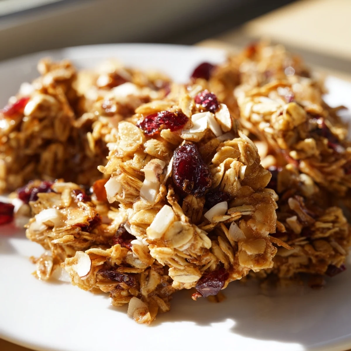 Golden brown Cranberry Almond Granola Clusters on a baking sheet with oats, almonds, and tart red cranberries.