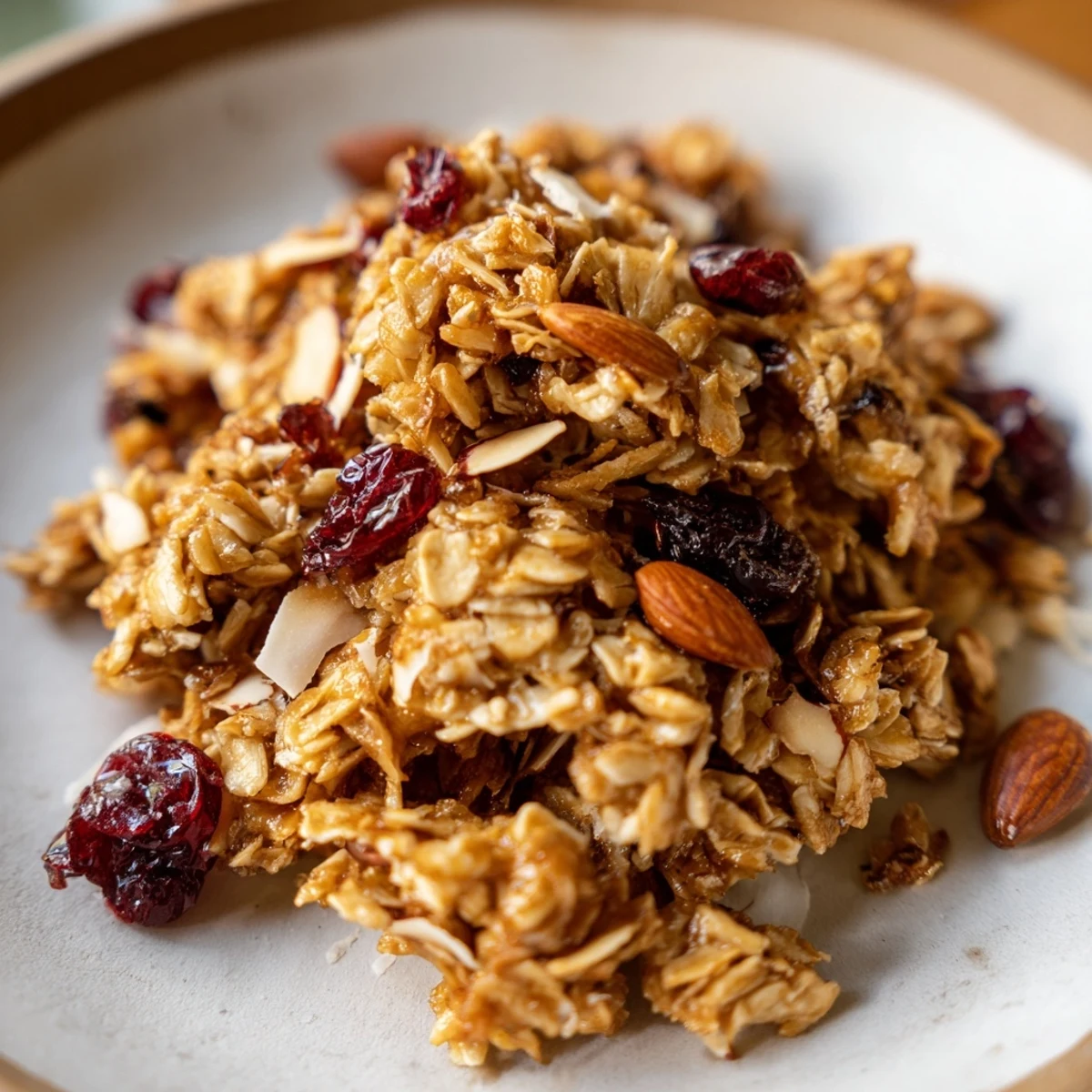A bowl of creamy Greek yogurt topped with crunchy Cranberry Almond Granola Clusters and fresh fruit for breakfast.