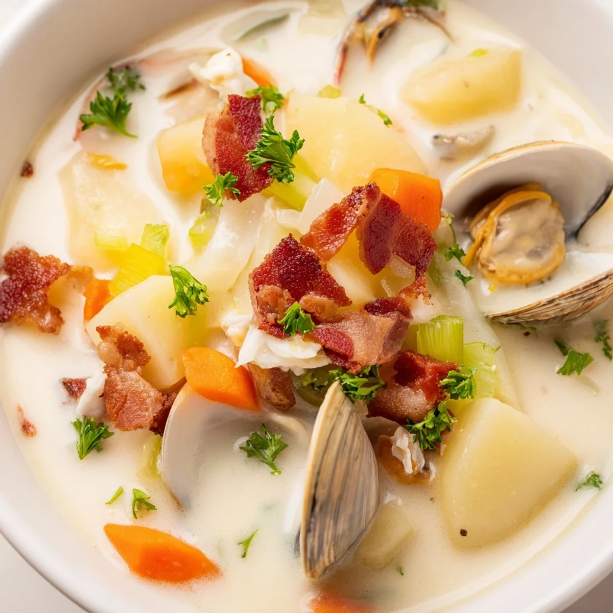 Creamy Clam Chowder with Potatoes steaming in a white bowl, garnished with fresh parsley and crispy bacon bits, with oyster crackers on the side.
