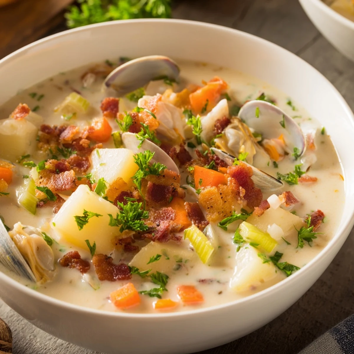 Spoon lifting a serving of Creamy Clam Chowder with Potatoes, showcasing the thick, creamy texture, tender clams, and diced vegetables from the hearty New England recipe.