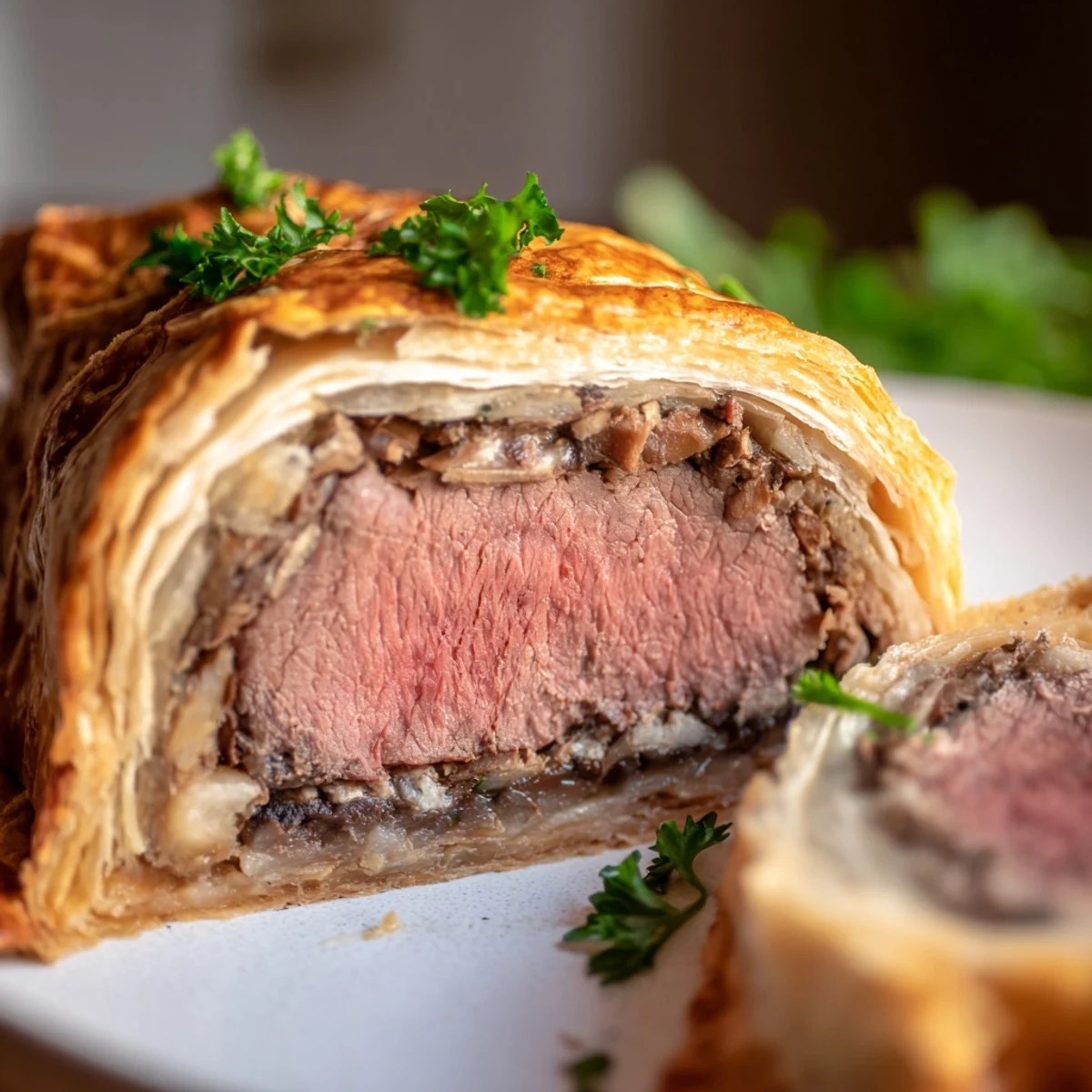 Freshly baked Beef Wellington with golden puff pastry resting on a wooden board, ready to be sliced for a festive dinner party.