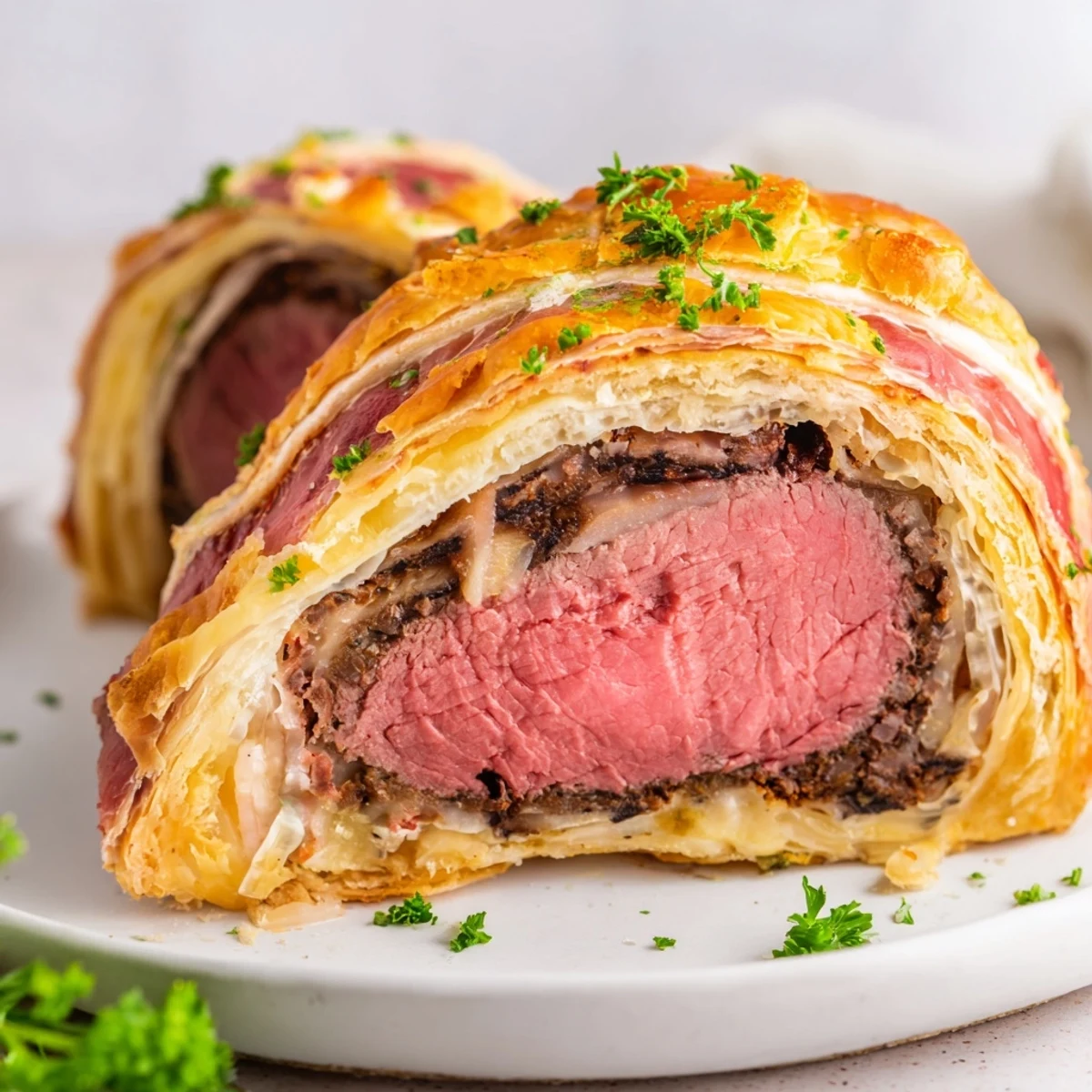 Sliced Beef Wellington with tender pink-center beef and mushroom duxelles, served with roasted potatoes and fresh thyme garnish.