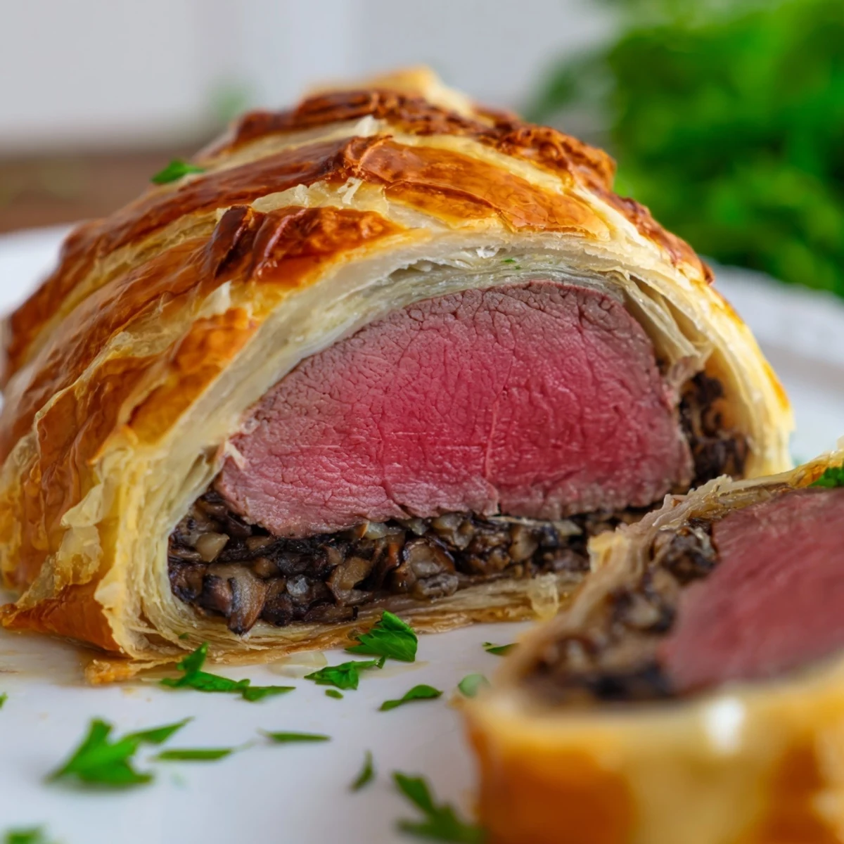 Beef Wellington with a crisp, flaky pastry crust and rich prosciutto layer, arranged on a rustic cutting board for serving.