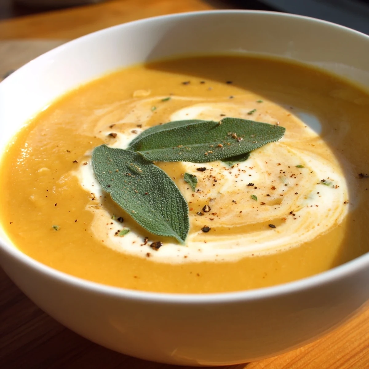 Golden Butternut Squash and Apple Soup with Sage in a rustic bowl, steam rising.
