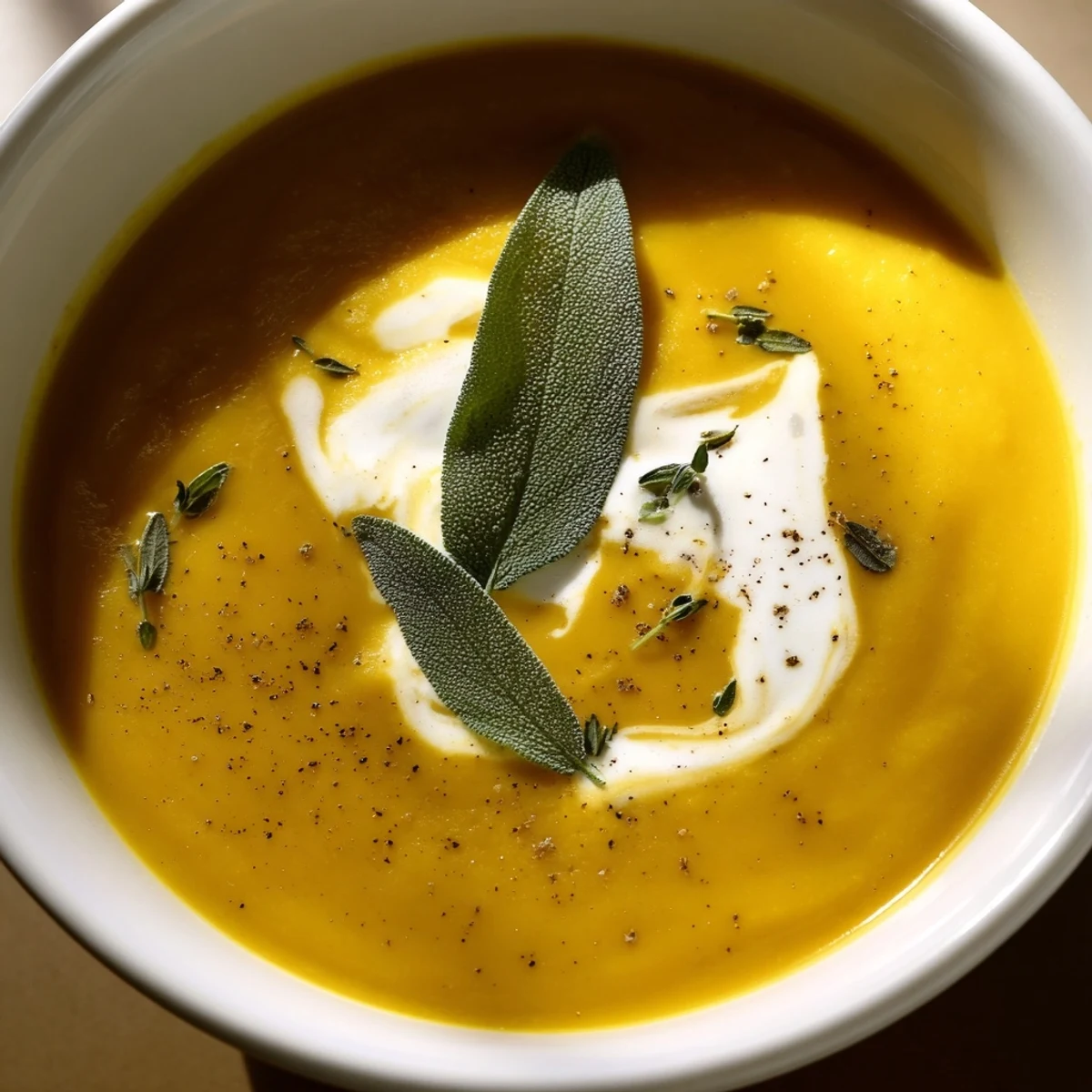 Warming Butternut Squash and Apple Soup with Sage served beside crusty artisan bread.